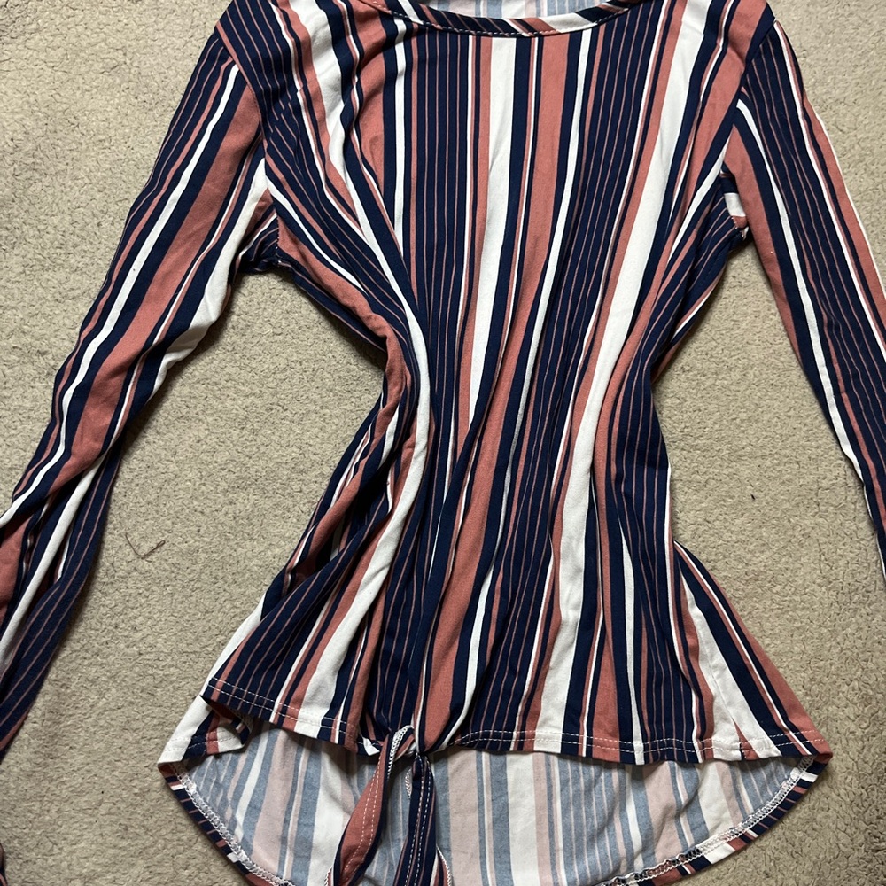 No Boundaries Blue and White Asymmetrical Long Sleeve Blouse